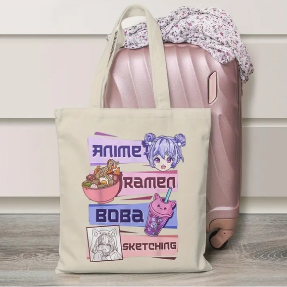 Ramen Handbags - Anime Ramen Boba Graphic Tote Bag - Cream
